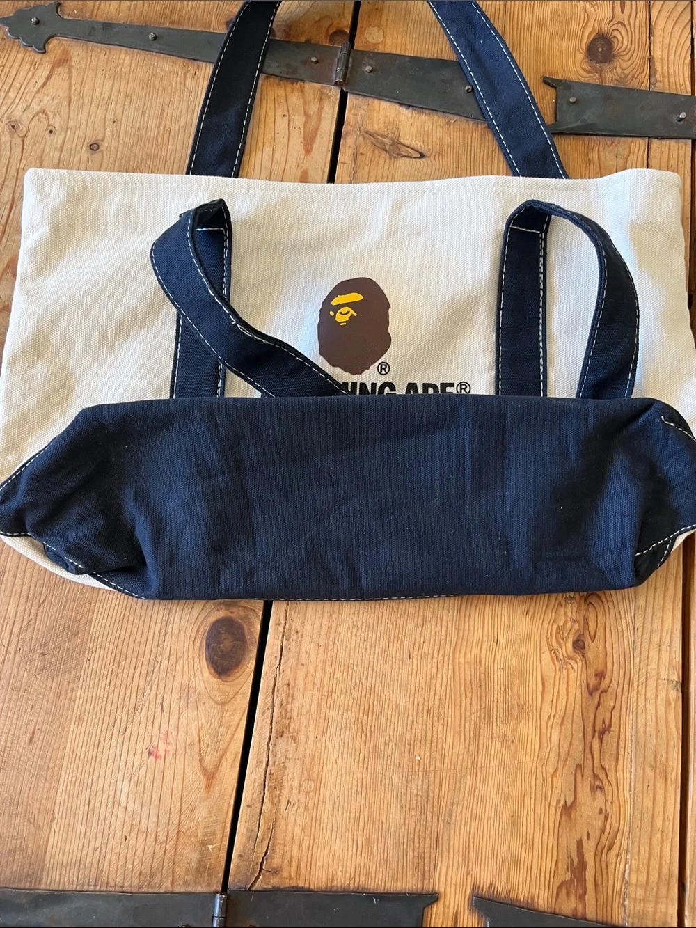A Bathing Ape Cream Canvas Tote with Navy Trim